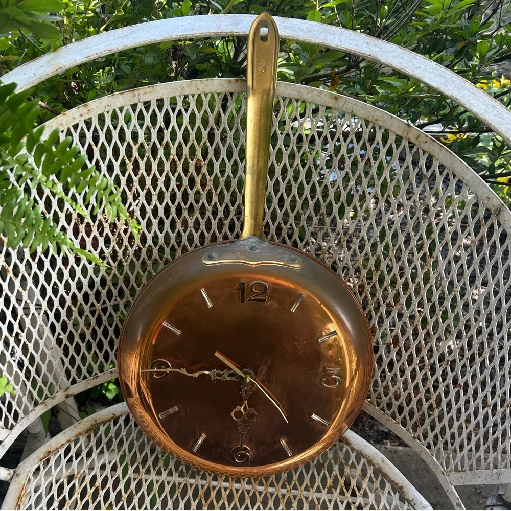 Vintage Copper Frying Pan Wall Clock with Brass Handle